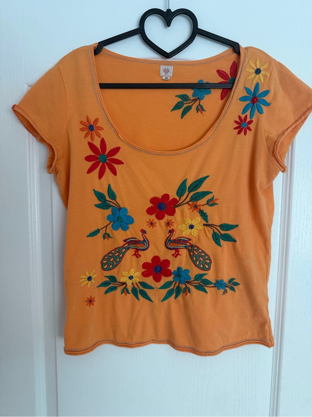 Women's Orange Floral Embroidered Scoop Neck Top